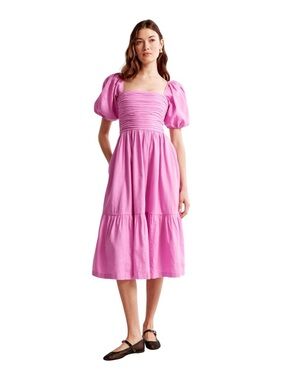 Abercrombie & Fitch Emerson Linen-Blend Puff Sleeve Midi Dress in Pink Sz Small